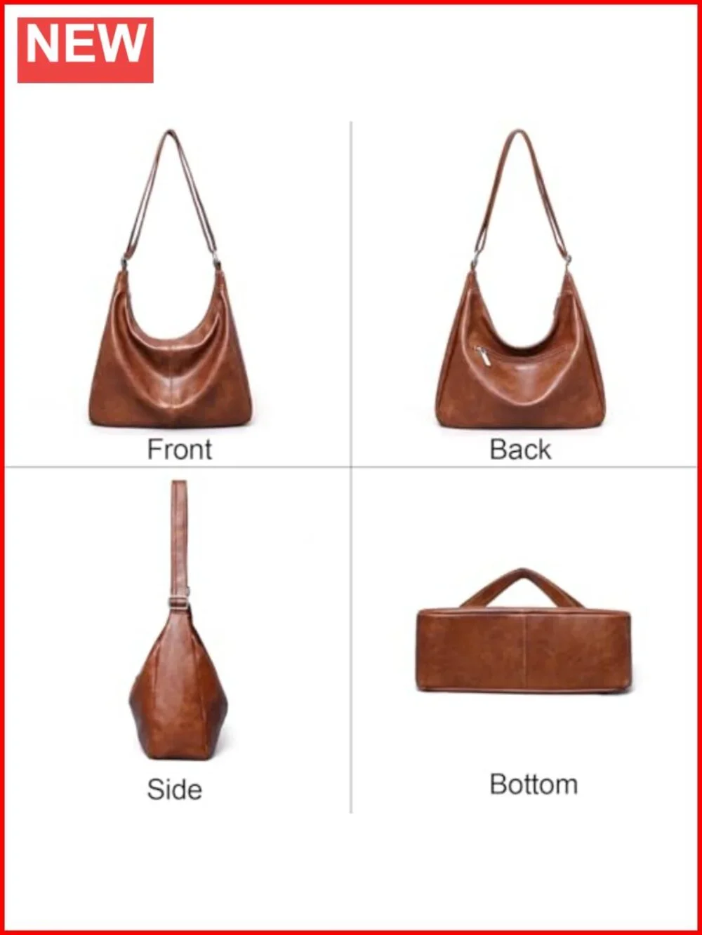 Vegan Leather Slouchy Hobo Bag with Adjustable Strap Travel Tote